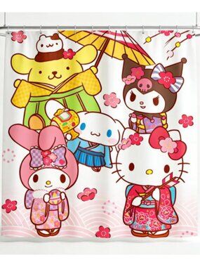 Kawaii Cartoon Floral Shower Curtain 59" × 71" with 12 Hooks Included